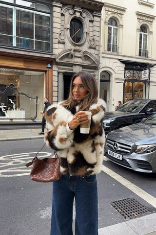 Vintage Pattern Faux Fur Zip-Up Coat
