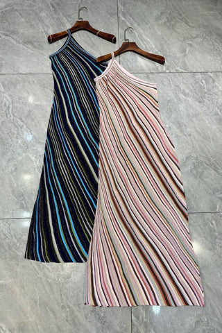 Metallic Striped One-Shoulder Knit Long Dress