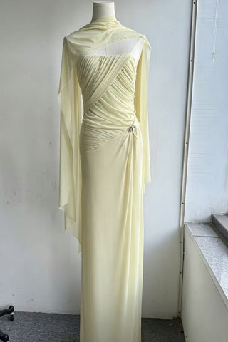 Soft Mesh Draped Strapless Long Dress with Sheer Scarf