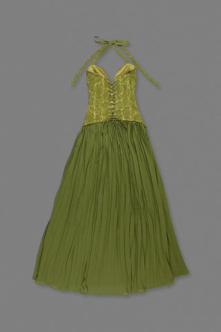 Lace Corset Halter Neck Pleated Long Dress with Lace-Up Back