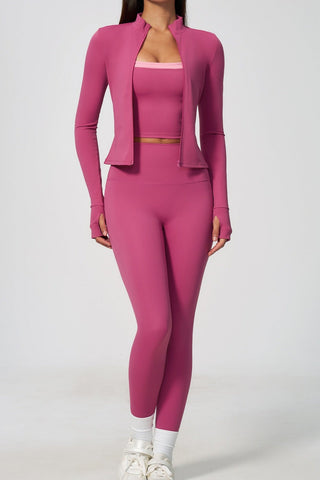 Zip-Up Active Jacket, Bandeau Top & High-Waist Leggings Set