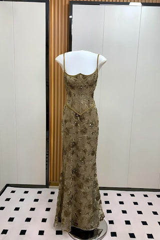 Floral Sequin Corset Long Dress – Spaghetti Strap Fitted Dress