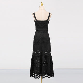 Statement Lace Cutwork Belted Tiered Long Dress