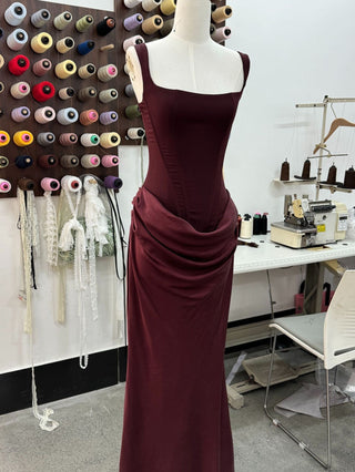 Structured Corset Back Long Dress with Draped Silhouette