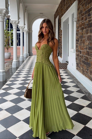 Lace Corset Halter Neck Pleated Long Dress with Lace-Up Back