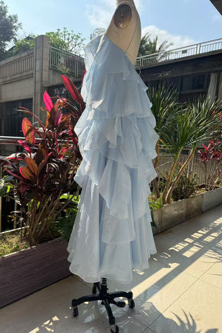 Floral Ruffle Organza Long Dress with Halter Neck