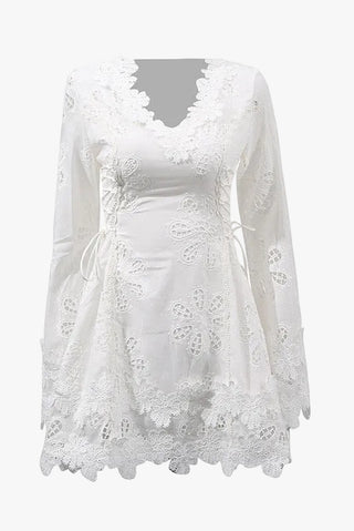 Lace Long Sleeve Mini Dress – V-Neck with Floral Detail & Adjustable Side Fit