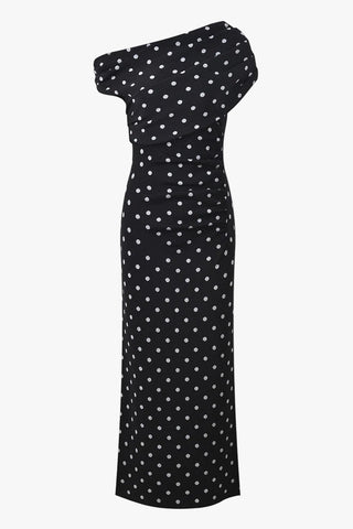 Off-Shoulder Polka Dot Knitted Long Dress – Draped Fitted Silhouette