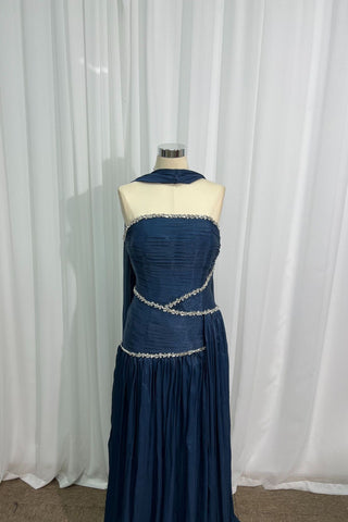 Crystal Trim Draped Scarf Long Dress