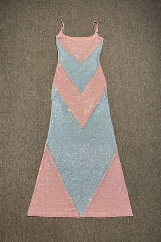 Rhinestone Embellished Colorblock Long Dress with Thin Straps
