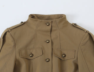 Military-Inspired Stand Collar Long Sleeve Jacket & High Waist Tailored Shorts Set
