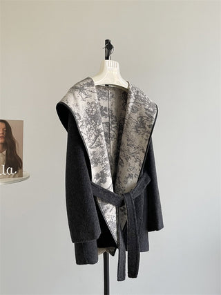 Wool-Feel Belted Long Sleeve Short Coat with Printed Shawl Collar