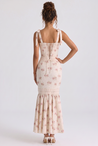 Floral Print Long Dress – Lace Trim, Tie Straps, Defined Waist & Corset Back