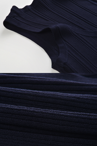 Elegant Navy U-Neck Sleeveless Ribbed Knit Long Dress with Gold Button Front & Flared Hem