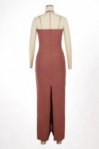 Luxury Halter Neck Backless Tassel Fringe Long Dress with High Slit