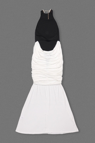 Halter Neck Two-Tone Long Dress with Draped Ruched Skirt and Open Back