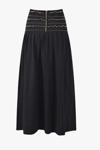 Gold Beaded Short Sleeve Cardigan & Pleated Long Skirt Set