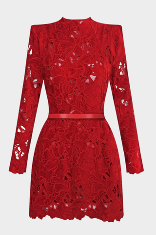 Red Lace Mini Dress – Long Sleeve Floral Embroidery, Scalloped Hem, Belted Waist
