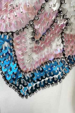 Off-Shoulder Long Sleeve Crepe Long Dress with Hand-Beaded Floral Embellishment