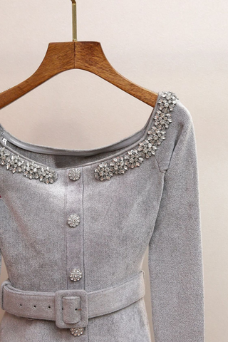 Elegant Velvet Off-Shoulder Top with Rhinestone Neckline and Belt