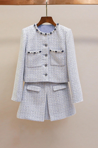 Embellished Collar Tweed Jacket – Long Sleeve, Pearl & Crystal Trim