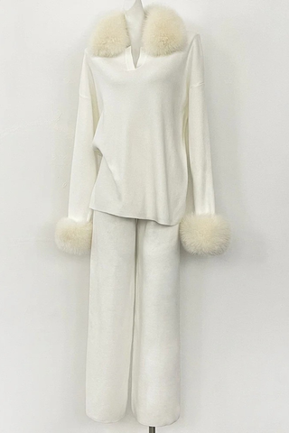 Faux Fur Trim Knit Two-Piece Set – Long Sleeve Top & Wide-Leg Pants