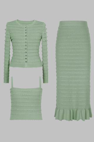 Three-Piece Knitted Set with Rhinestone Trim – Cardigan, Cami Top & Midi Long Skirt