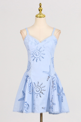 Sun Embroidered Sleeveless  Eyelet Mini Dress