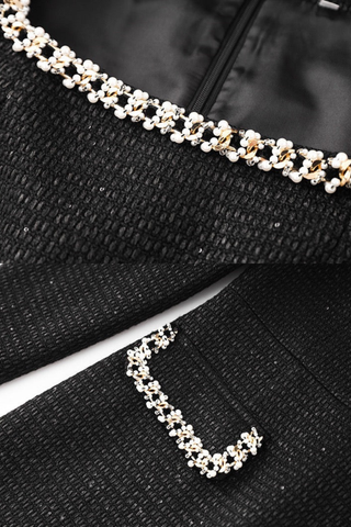 Long Sleeve Tweed Mini Dress with Pearl-Trimmed Square Neck and Pocket Details