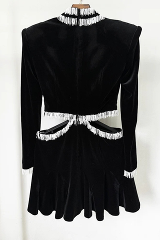 Velvet Long Sleeve Mini Dress with Beaded Fringe and Cutout Waist