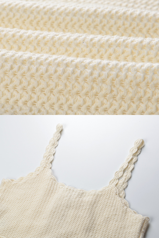 Ivory Crochet Knit Camisole & Lace-Up Skirt Set – Scalloped Straps, Ruffle Hem