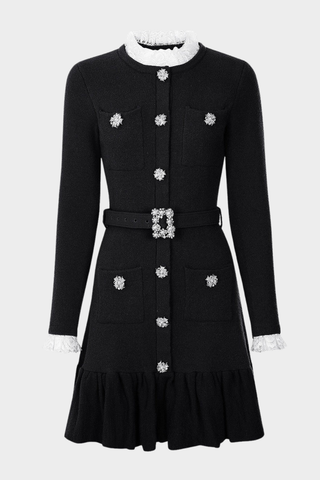 Round Neck Slim-Fit Wool-Blend Mini Dress with Crystal Embellished Buttons