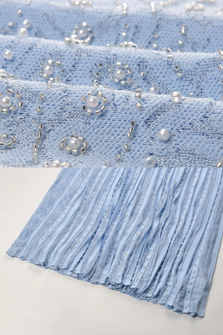 Pearl Embellished Knit Long Dress with Pleated Skirt – Short Sleeve