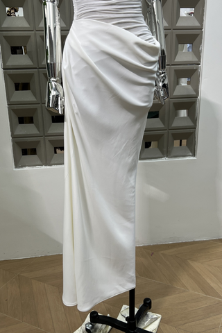 Ivory Mesh Off-Shoulder Draped Long Dress with Side Ruching