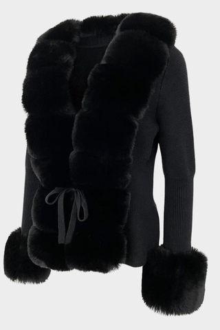 Long Sleeve Knitted Jacket with Faux Fur Trim – Tie-Front Design