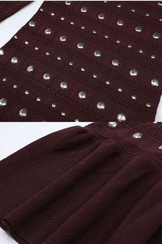Studded Knit Long Dress – Elegant Long Sleeve Flared Cuff Evening Dress
