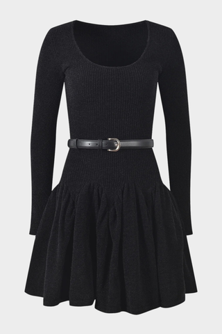 Knitted Long Sleeve Flared Dress with Belt – Soft Winter Knit Mini Dress