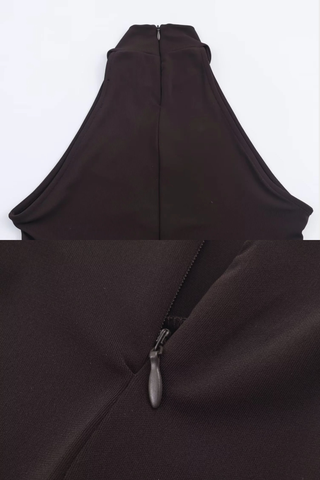 Elegant High Neck Cut-Out Long Dress with Draped Waist & Chain Accents