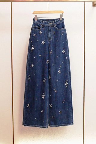 High-Waist Embellished Wide-Leg Denim Jeans with Crystal Floral Detailing