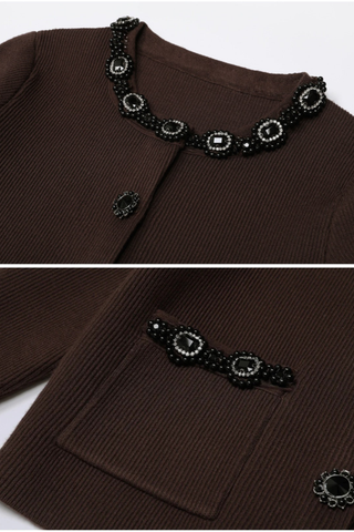 Embellished Pearl and Rhinestone Knit Cardigan with Matching Flared Midi Skirt Set