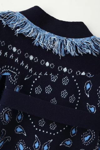 Boho Fringe Knit Cardigan – Jacquard Pattern, Long-Sleeve, Belted Design