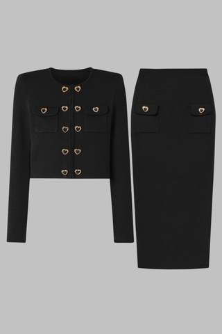 Heart-Button Knitted Cardigan and High-Waist Pencil Skirt Two-Piece Set