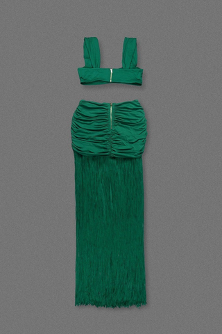 Two-Piece Ruched Crop Top and Fringed Maxi Skirt Set with Gold Buckle Detail