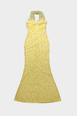 Sleeveless Halter Beaded Yellow Tulle Long Dress – Hand-Embellished Sequins & Pearls, Floor-Length Design