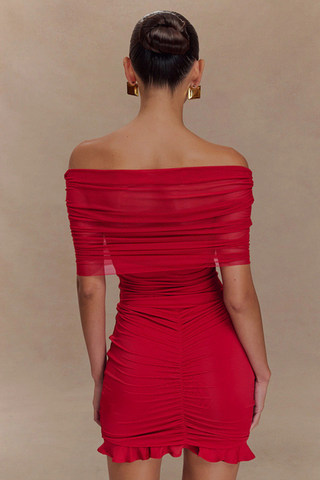 Scarlet Off-Shoulder Mesh Tulle Ruched Bodycon Mini Dress with Ruffled Hem & Stretch Lining