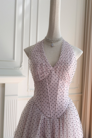 Blush Polka Dot Halter Dress with Tiered Mesh Skirt