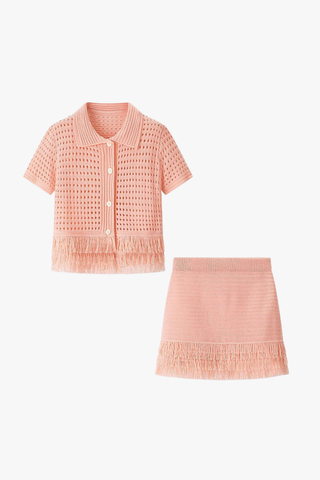 Fringe Hem Knit Set – Crochet Button-Up Top & Ribbed Mini Skirt