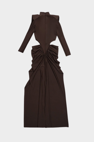 Long Sleeve High-Neck Stretch Long Dress – Side Cut-Out Ruched Design