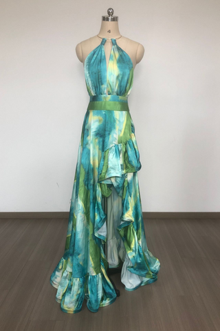 Emerald Ocean Breeze Plunge Halter  Long Dress with Cascading Ruffle Skirt