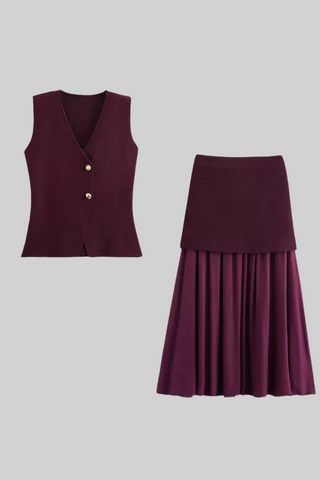 Summer Buttoned Knit Vest & Pleated Long Skirt Set
